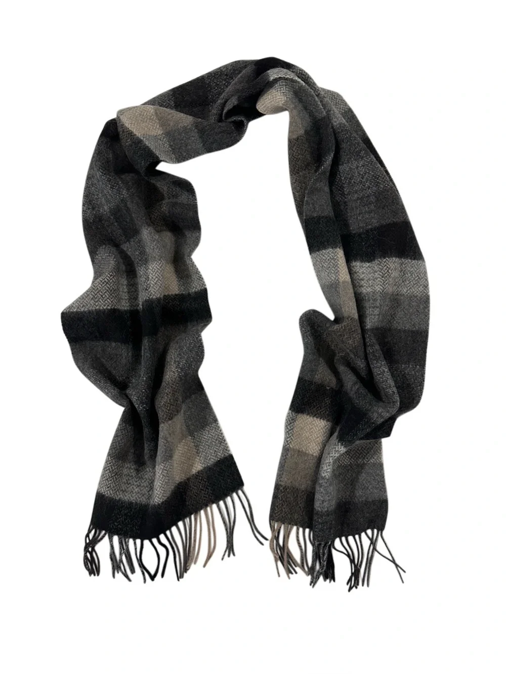 Via Condotti Roma 100% Virgin Wool Plaid Herringbone Fringe Scarf Gray Black